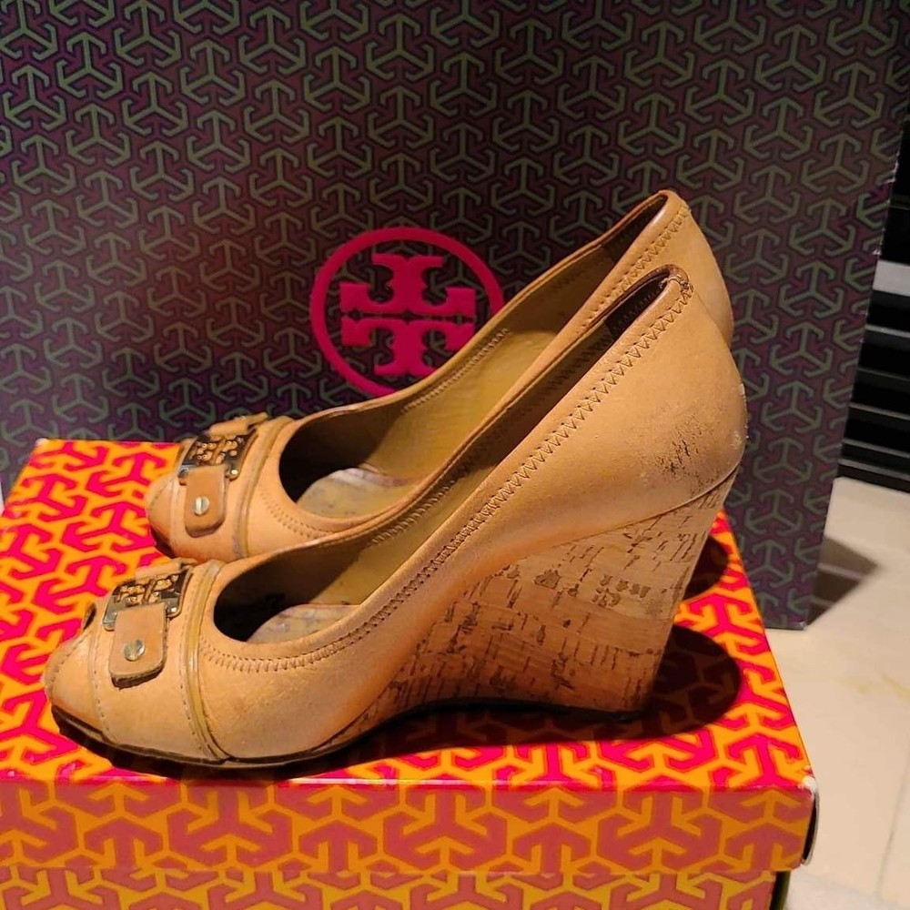 Tory Burch Designer Open Peep Toe Carnell Wedge Platform Heels Size 7.5
